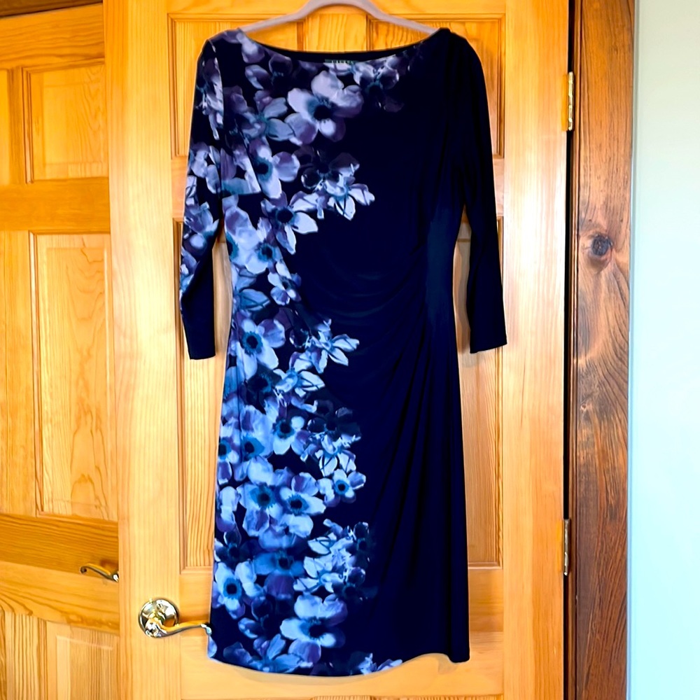Lauren dress with floral print.  Cinched at waist.  Great for office!